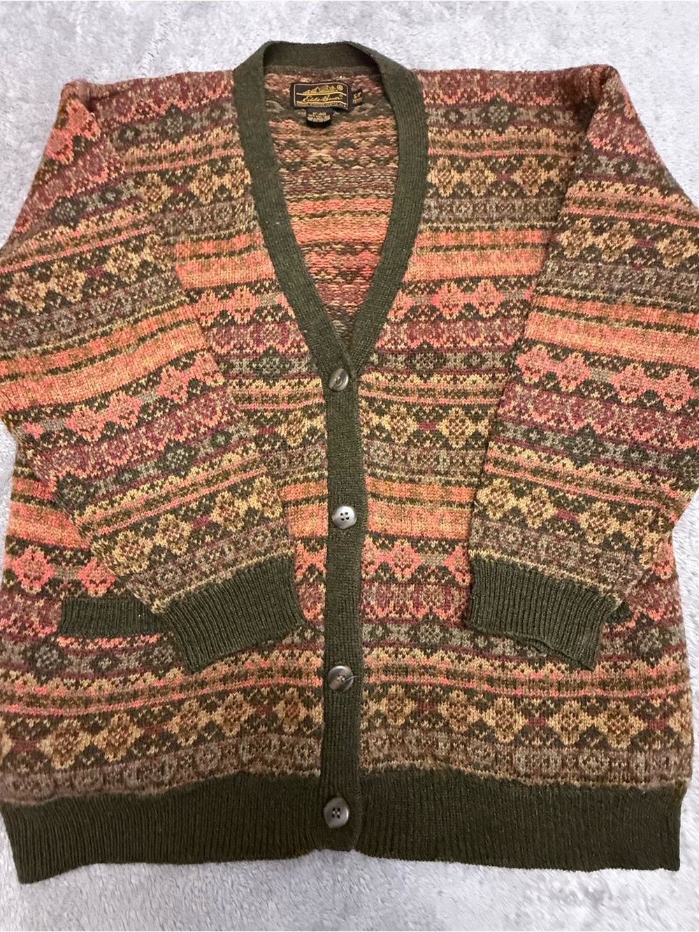 Vintage Eddie Bauer Cardigan Sweater Mens S/P Multicolor Wool Fair Isle Knit